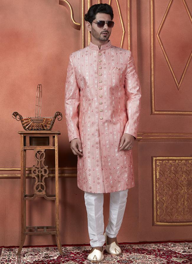 Silk Pink Wedding Wear Computer Thread Readymade Sherwani Set